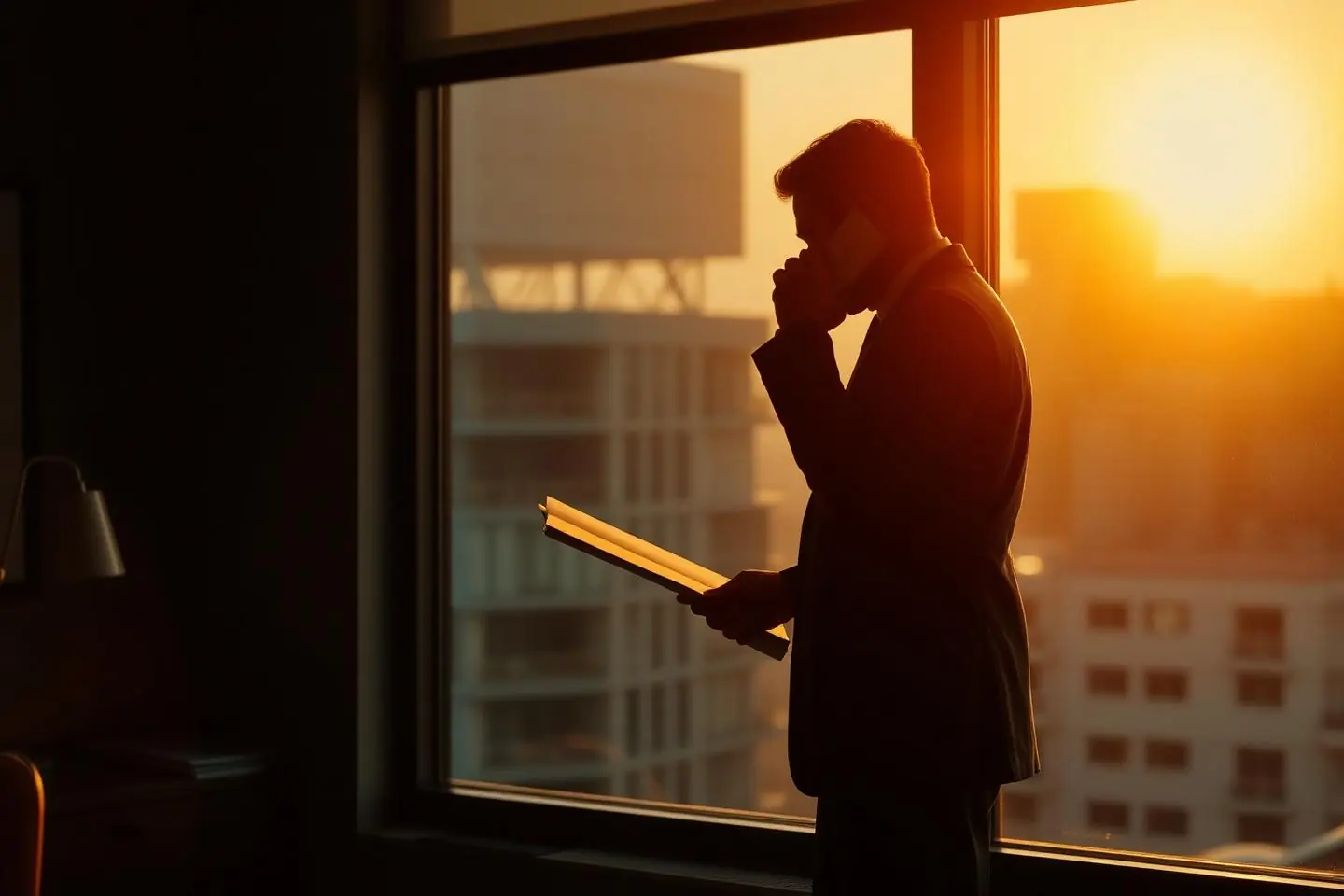 Attorney on a telephone call holding a case file beside an office window