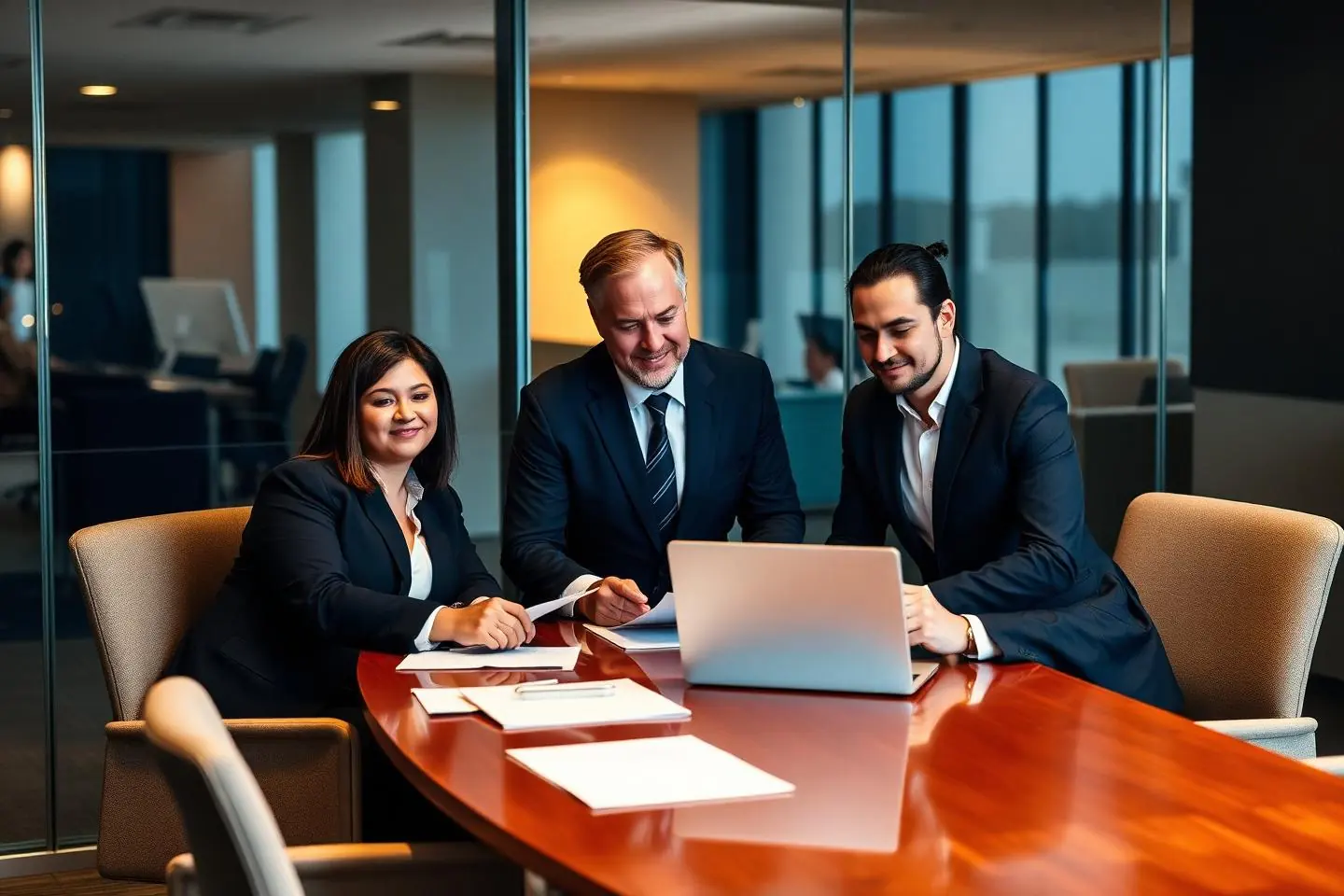 Legal team reviewing a client credit file together in a conference room