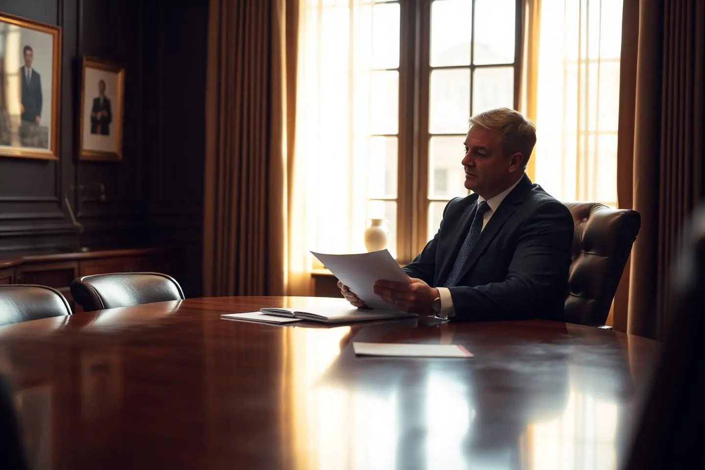 Attorney reviewing printed credit report pages at a conference table