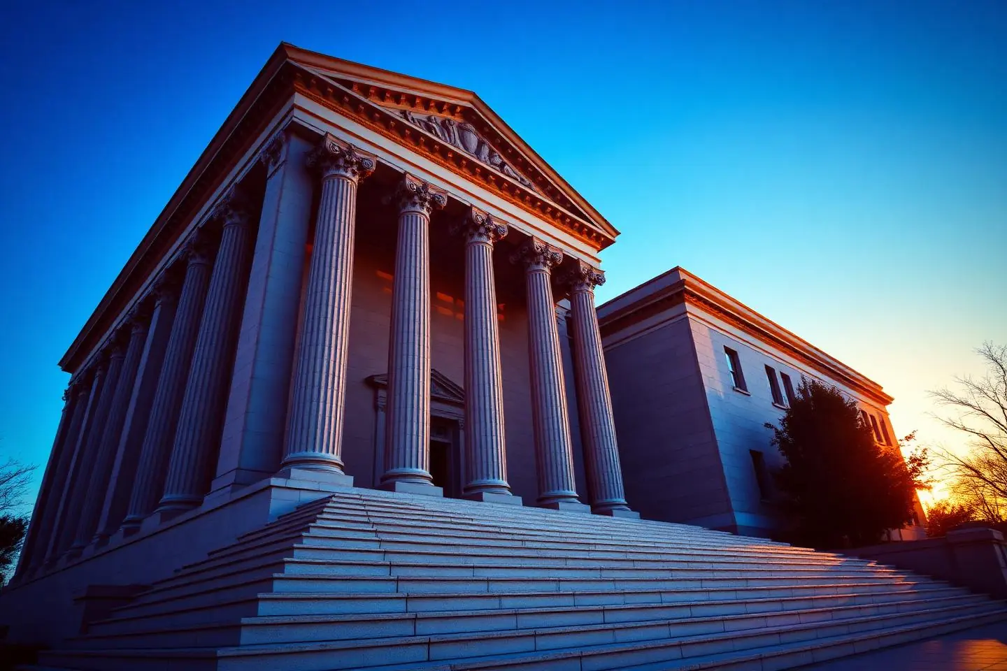 Columned federal courthouse steps at golden hour