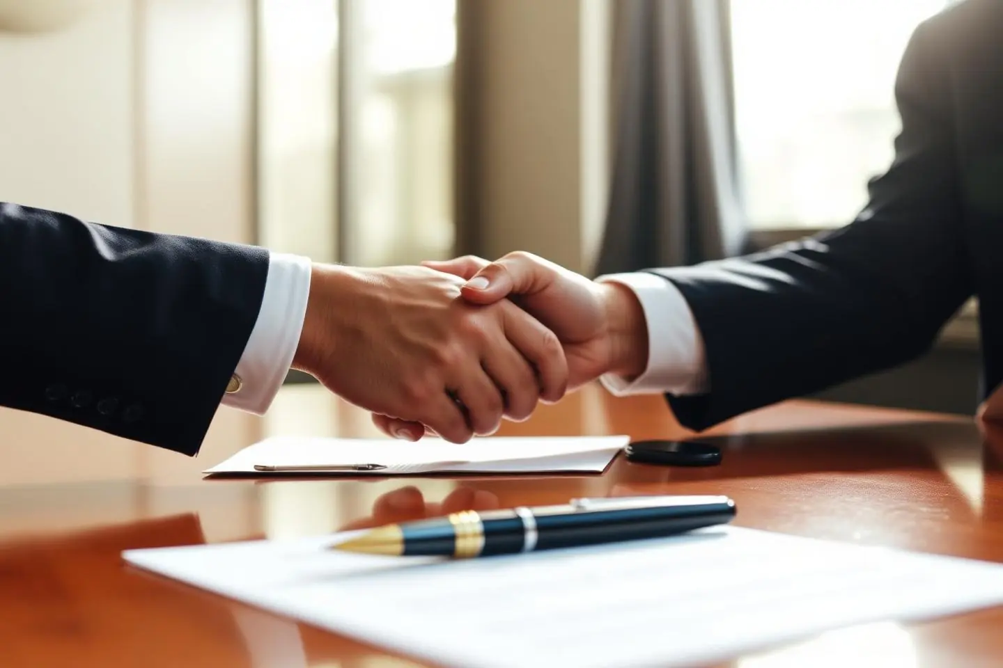Attorney and client shaking hands over a signed engagement agreement